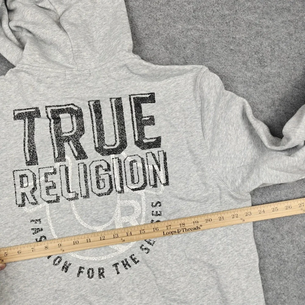 True Religion Hoodie Mens XL Gray‎ Textured TR Full Zip Graphic Logo Fleece